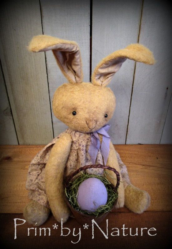 Primitive Bunny Rabbit Doll Purple Floral Dress and Easter Egg Basket