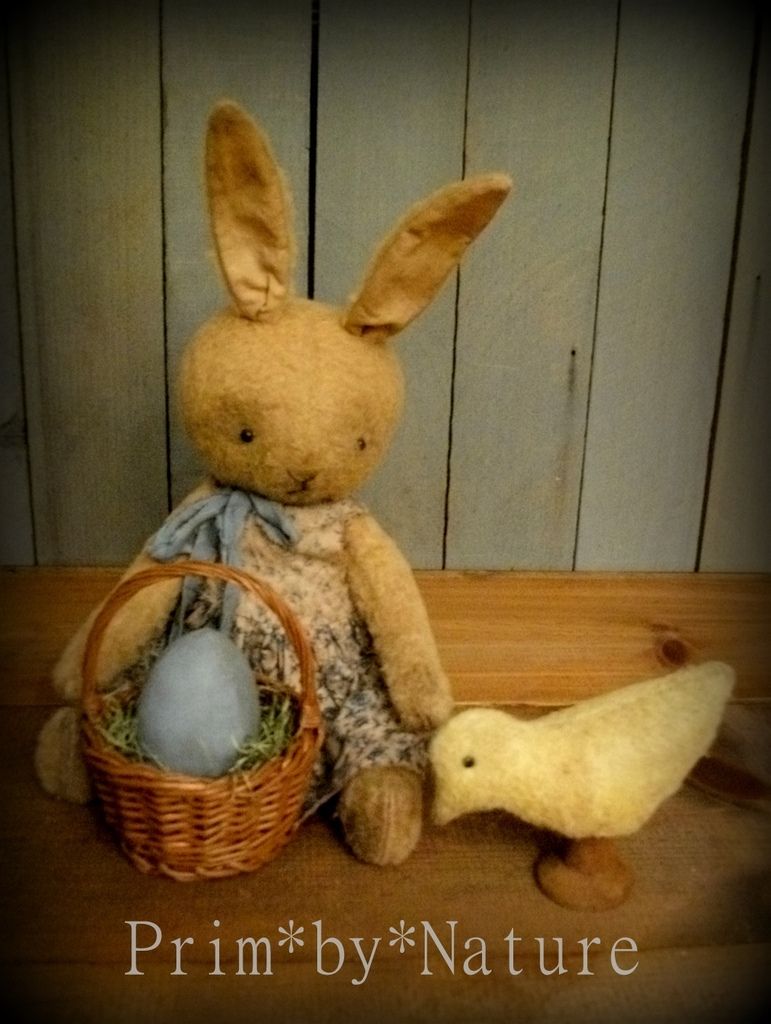 Primitive Little Bunny Rabbit with a Chick and an Easter Egg Basket eBay