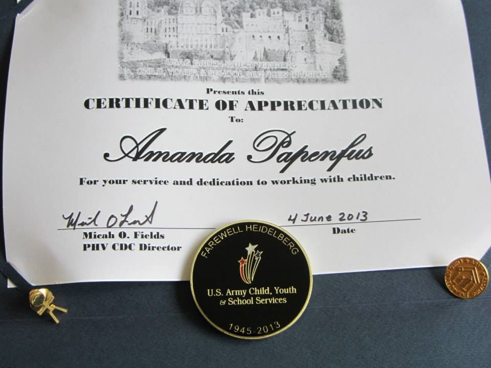 Certificate of Appreciation for service and dedication to working with children, Farewell Heidelberg Coin, Pins